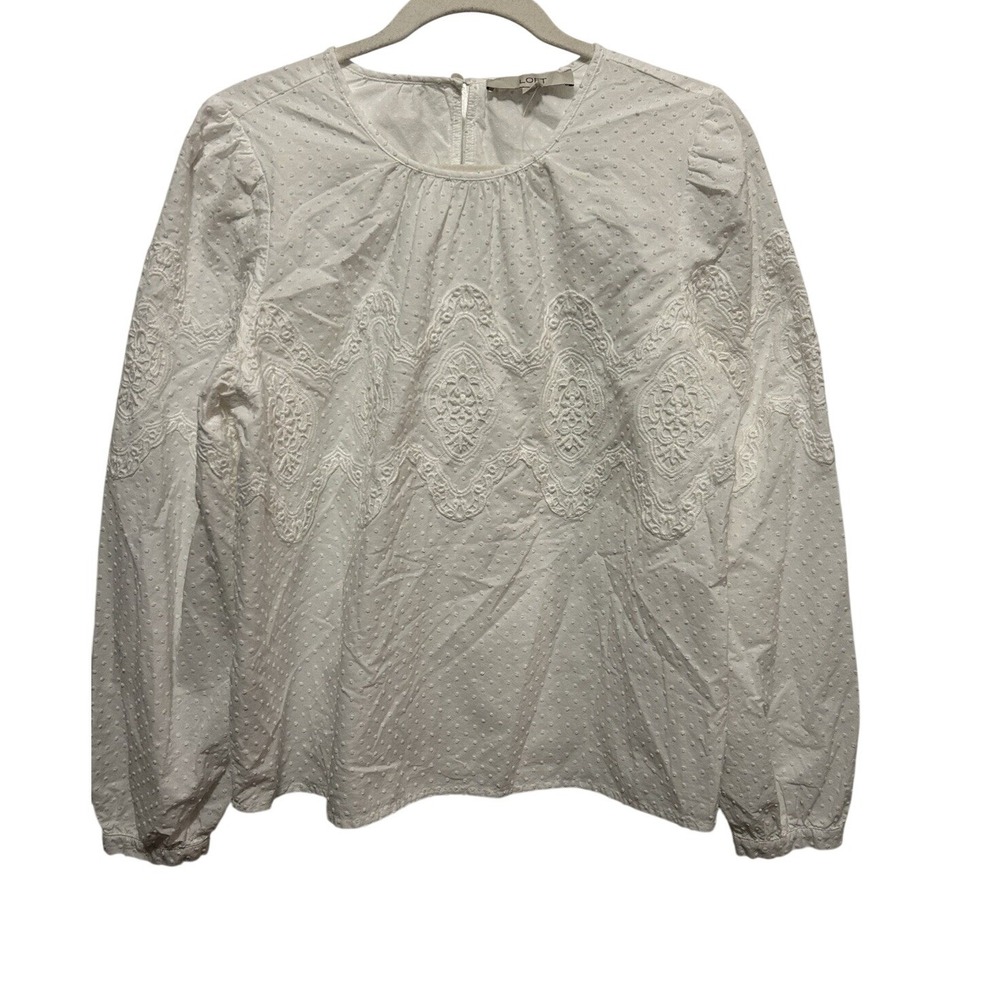 LOFT Confetti Dotted Crochet Blouse Women's Small White Long Sleeve NWOT